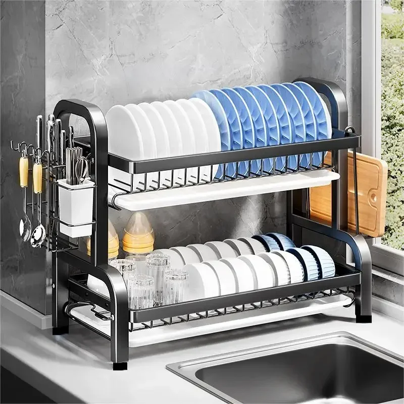 Dish Drying Rack 2-Tier Compact Kitchen Dish Rack Drainboard Set Large Rust-Proof Dish Drainer with Utensil Holder