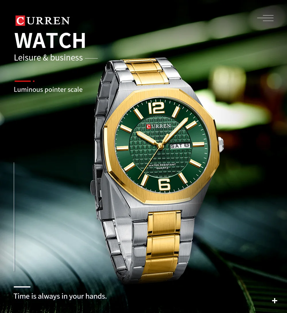 CURREN Herren-Businessuhr Quarz mit Tages- und Datumsanzeige, Edelstahlarmband, schlanke Armbanduhr für Männer, Leuchtzeiger – Detail 2