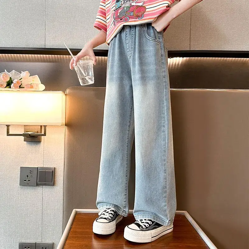 

Straight Jeans Teenage Children Girls High Waisted Denim Pants Wide Leg Blue Vintage Streetwear Length Loose Denim Pants A38