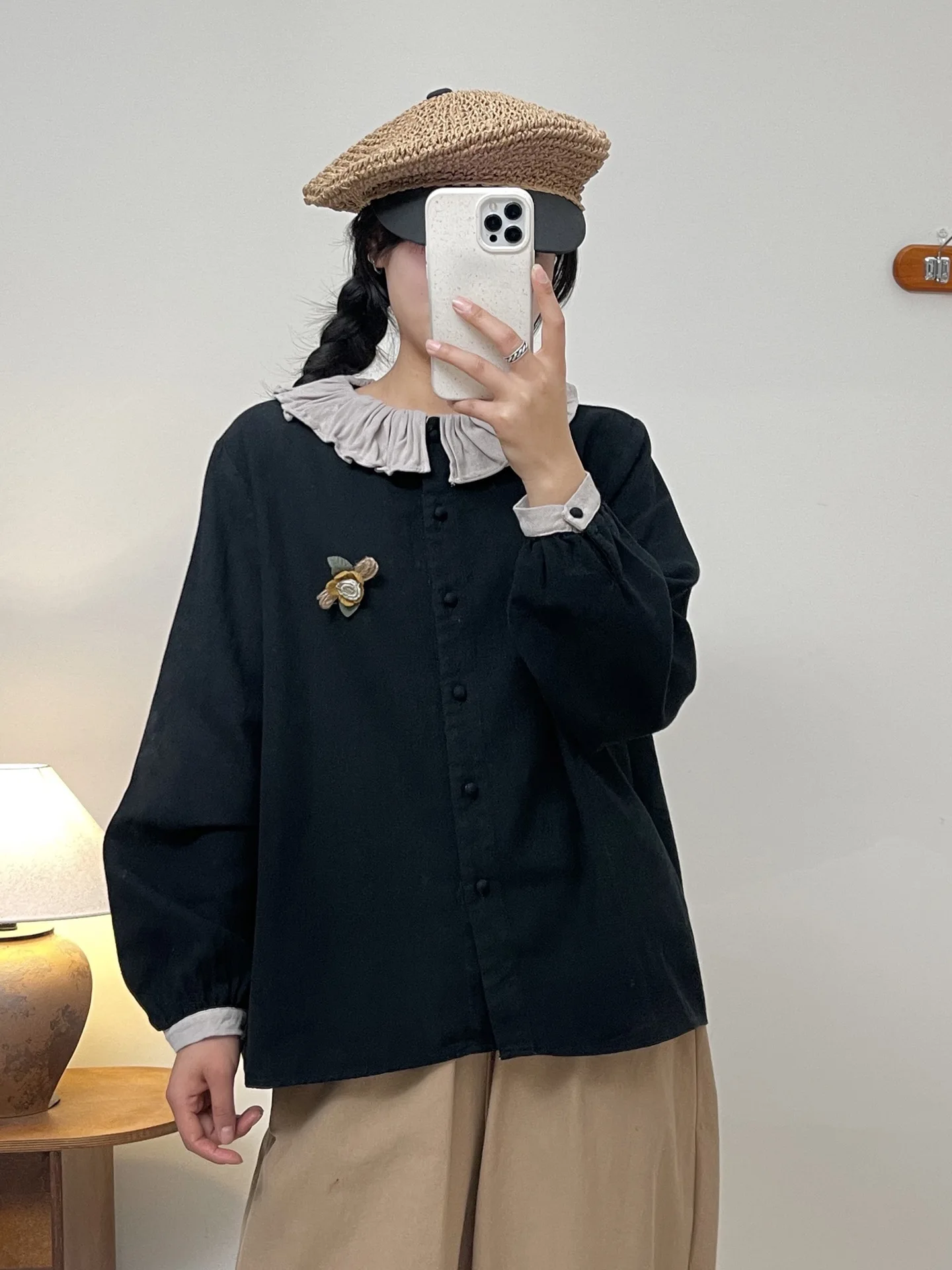 

Spring New Sweet Sle Cotton Linen Long Sve irt Loose Fit Women's Faionable Versatile Collar Design Color Blo Top