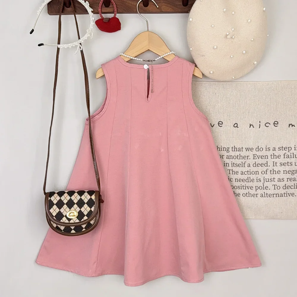 Pink Bow Decoration Sleeveless Dresses Summer Fashion Casual Girls Dress Sweet and Cute Children's Clothing for 3-7 Years Old