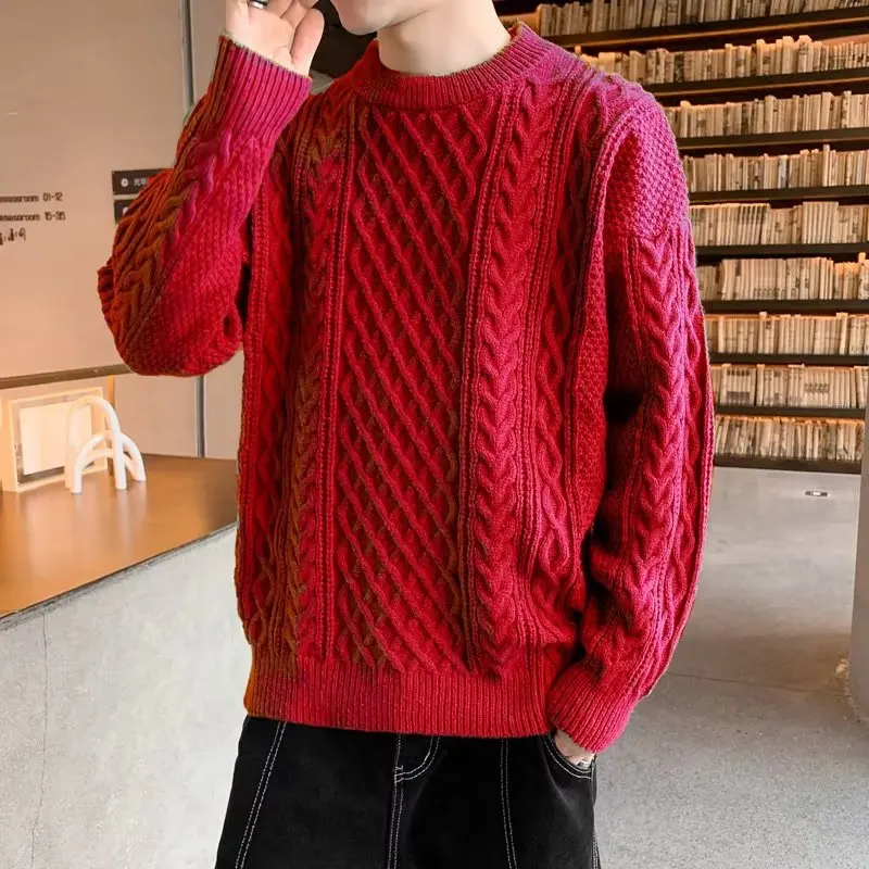 

Мужской круглый трикотаж в стиле ретро, зимний трикотаж Thi Lazy Sle, новый свободный топ, вязаный свитер с вышивкой, прямой крой, мягкий полиэстер