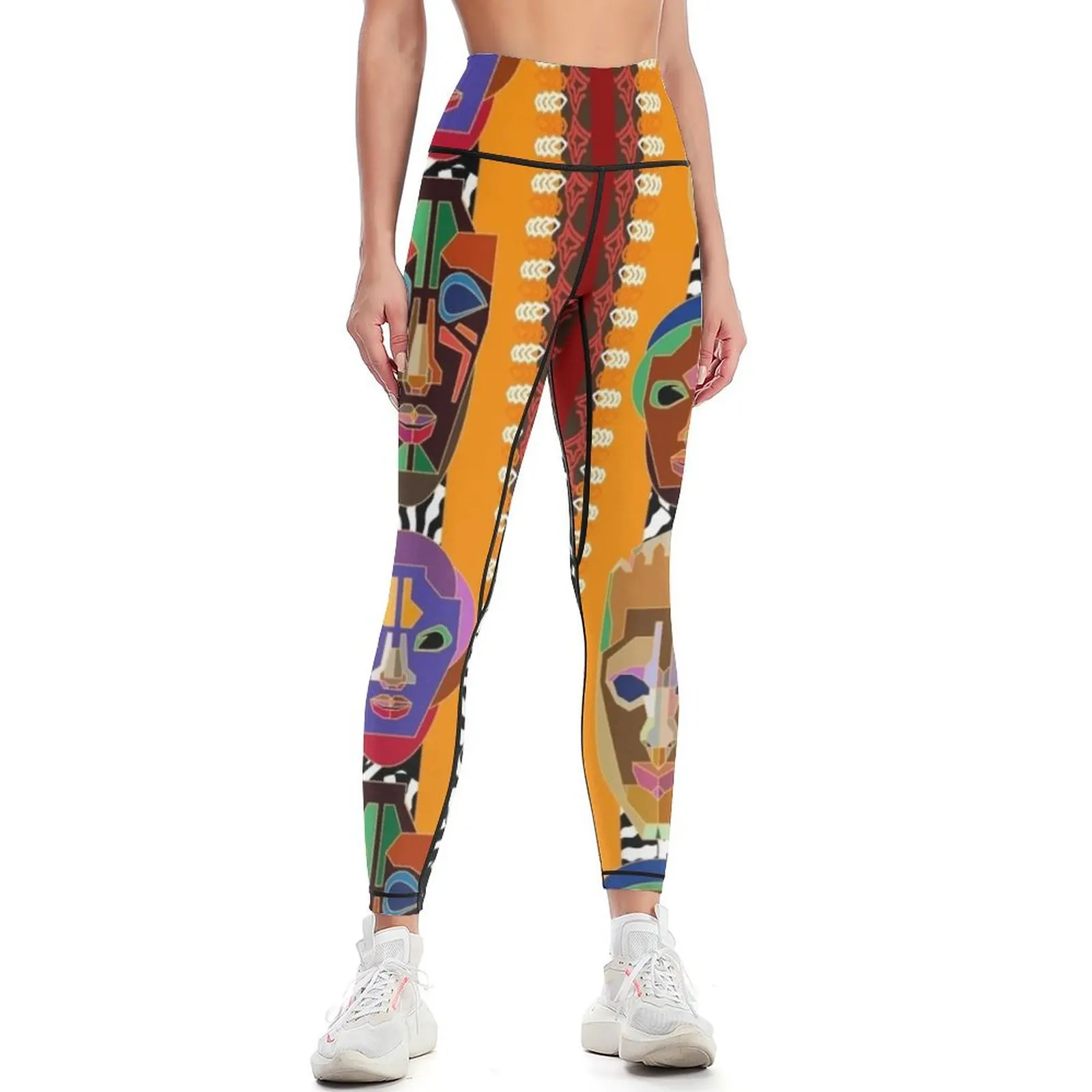 Undiscovered Africa. Ethnic print with stylized African tribal masks Leggings trousers sport legging Womens Leggings