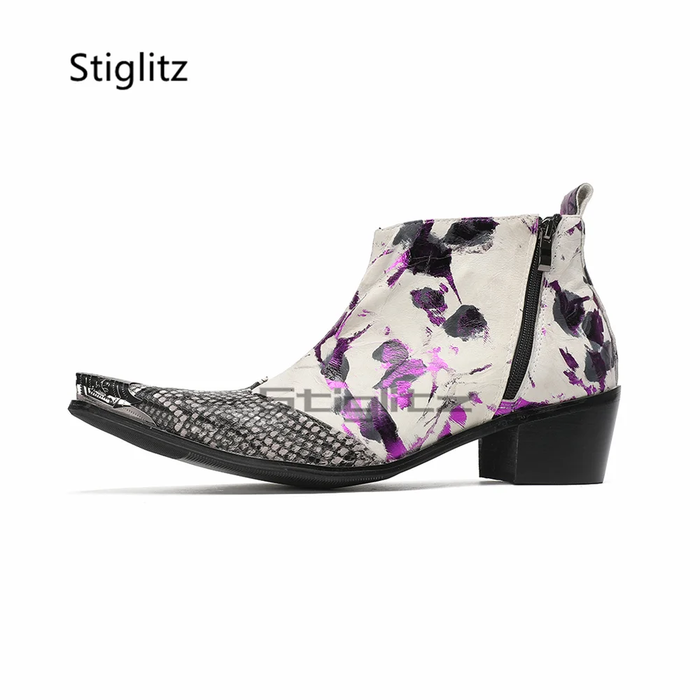 

Мужские ботинки с фиолетовым принтом, ботинки челси на высоком каблуке, ботильоны из натуральной кожи с металлическим острым носком и боковой молнией, модная деловая обувь