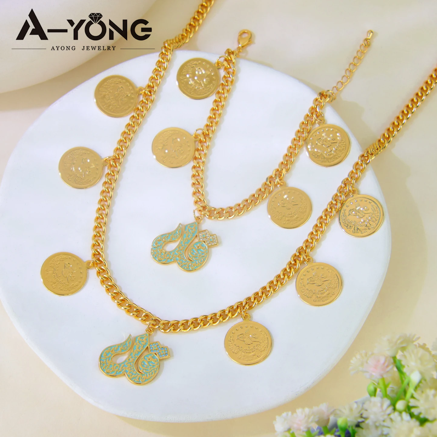 Saudi Islamic Gold Plated Coins Necklace Set 21k Gold Color Turkish Fashion Chokers Dubai Women Wedding Party Jewelry