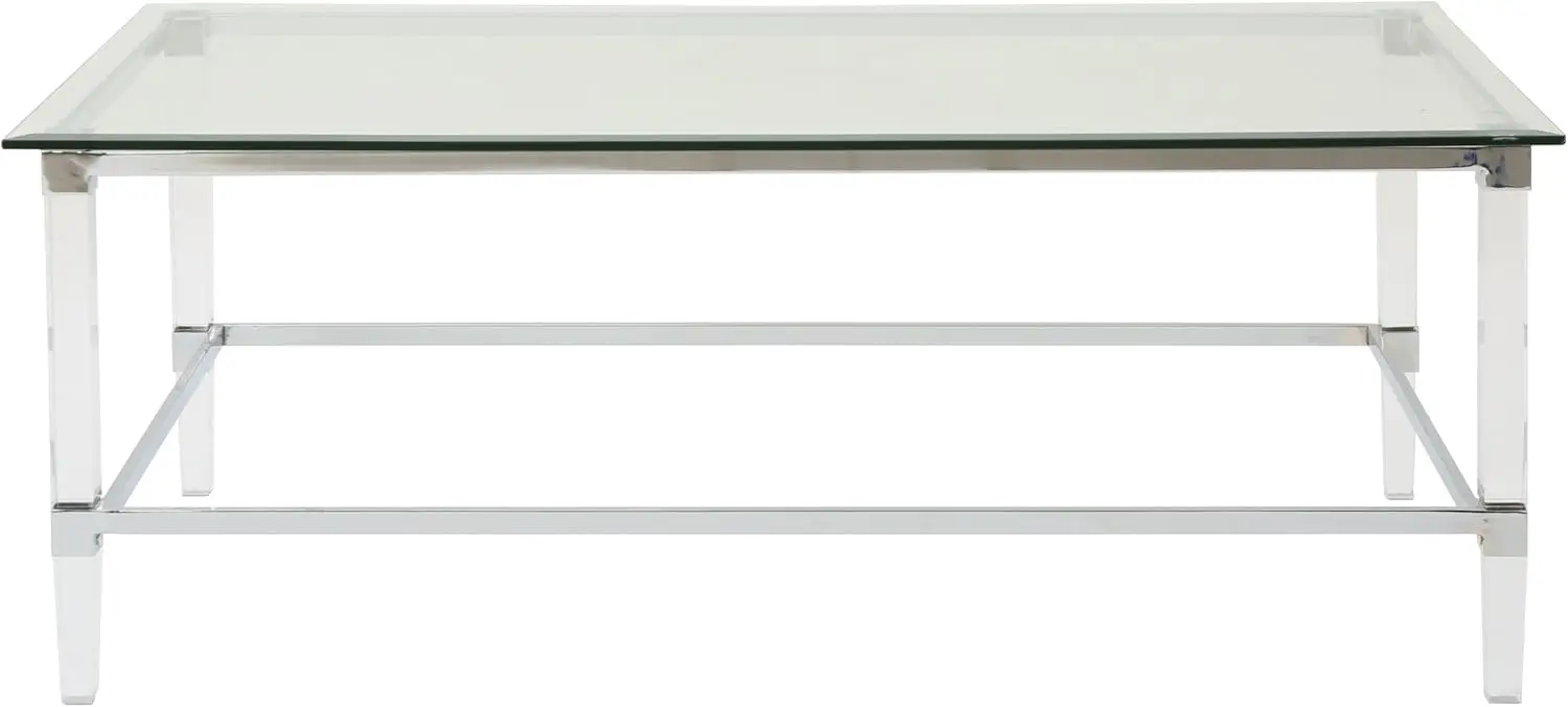 طاولة قهوة مستطيلة من الزجاج المقسى الحديث من بايلا مع لمسات أكريليك وحديد، شفافة، 26 بوصة × 48 بوصة × 18 بوصة