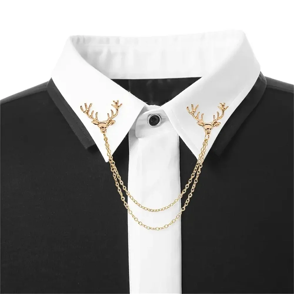 1pc Retro Deer Head Tassel Chain Brooch, Alloy Collar Pin For Men Christmas Gift Brooches Party Jewelry Accessories Gifts