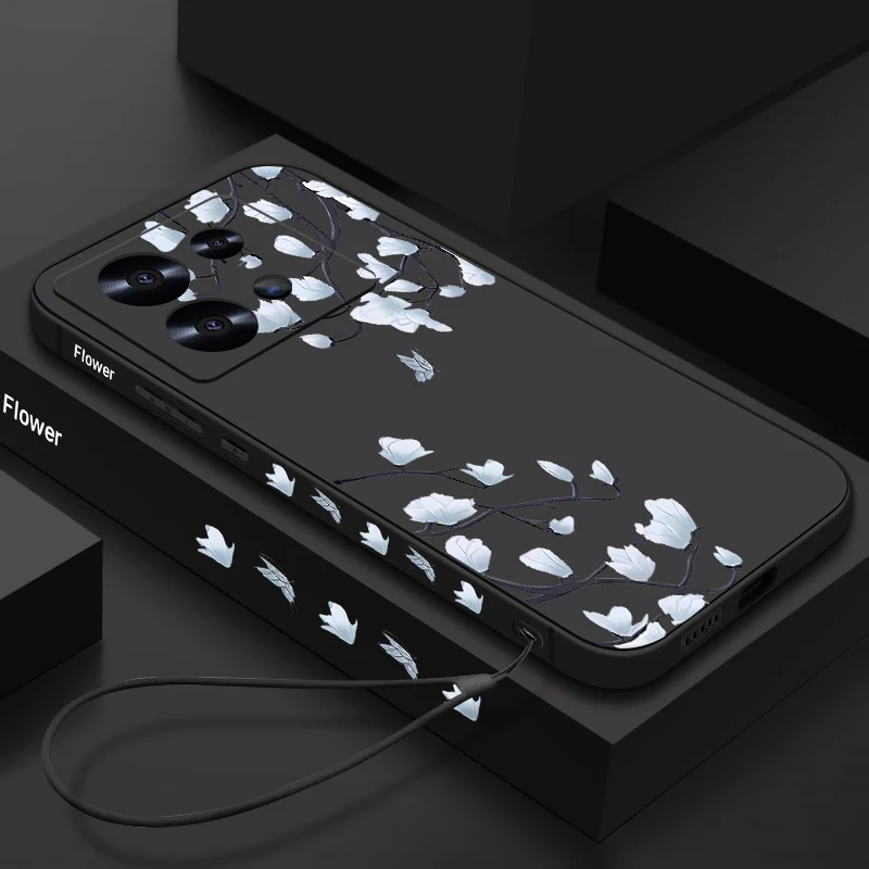 White Flower Lanyard Case For Xiaomi Redmi Note 13 12 14 Pro 5G 4G 11 10 11s Poco F6 X6 X5 Pro Funda Xiaomi 11T 13 Pro