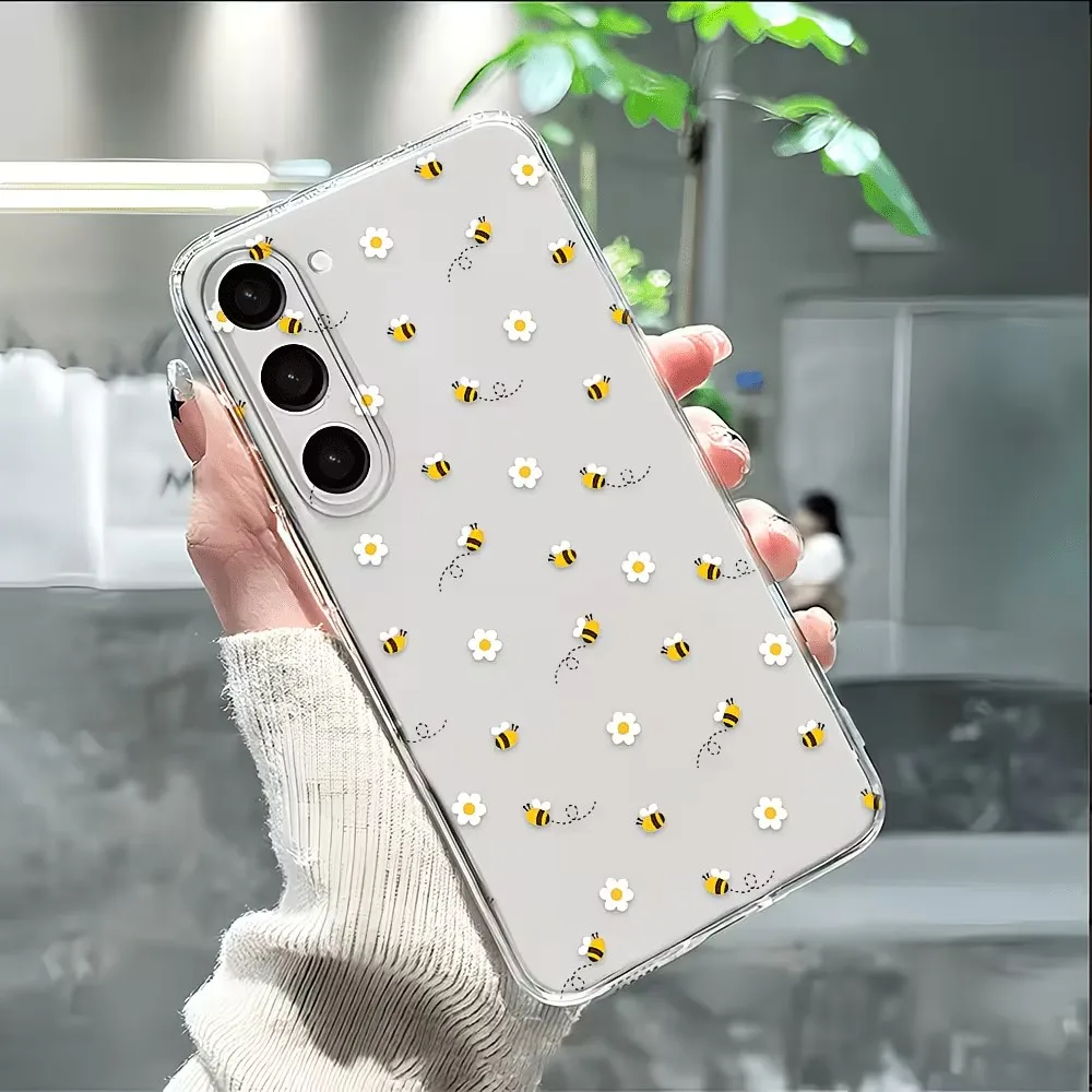 Transparent TPU Cute Bee Daisy Pattern Phone Case For Samsung Galaxy A73 A72 A71 A56 A55 A54 A53 A52 A51 Scratch Proof Cover