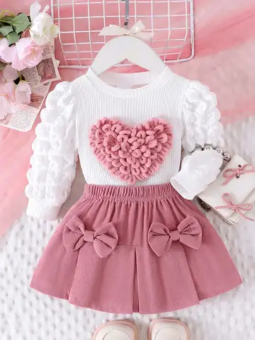 2PCS Winter New Style For 0-3 Year Old Girls, Comfortable Sweet And Cute Bubble Sleeves, Love Chapter Top + Pink Short Skirt Set