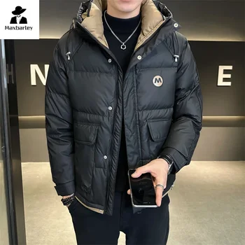 Doudoune en cuir à capuche pour hommes, manteau en duvet de canard blanc, grande poche, chaud, décontracté, court, marque de mode, hiver