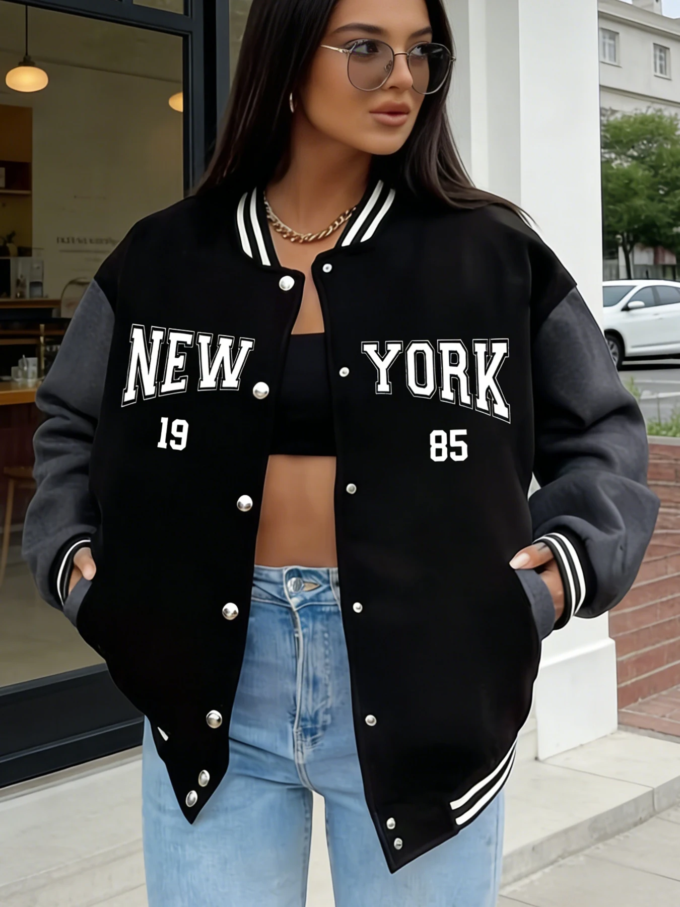 

Женская университетская куртка большого размера New York 1985, повседневная модная бейсбольная куртка с принтом номера, верхняя одежда в уличном стиле, флисовая одежда