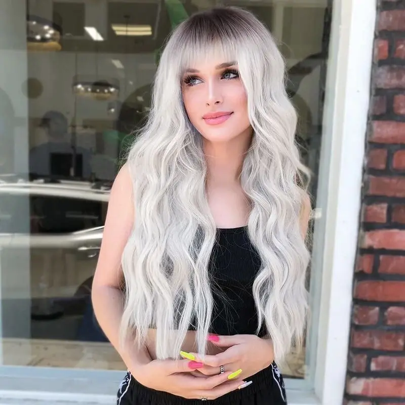 

Ombre Dark Roots White Blonde Wig Long Wavy Wigs with Bangs for Women Long Wigs