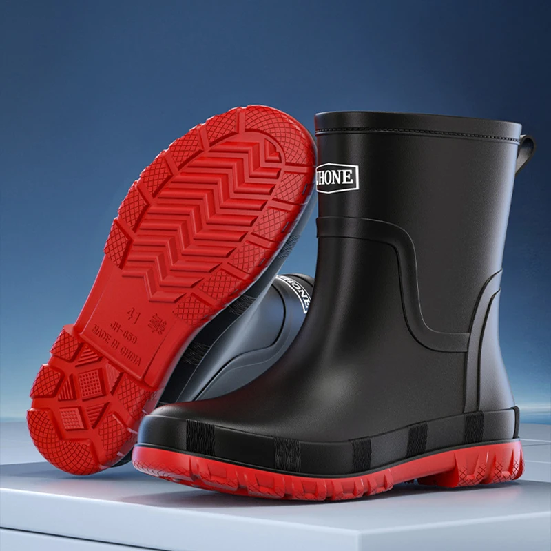 

Men High-End Rain Boots Closed Rainproof and Waterproof Mid Tube Non-Slip Drawstring Boots Fleece Lined Cotton Warm Rubber Boots