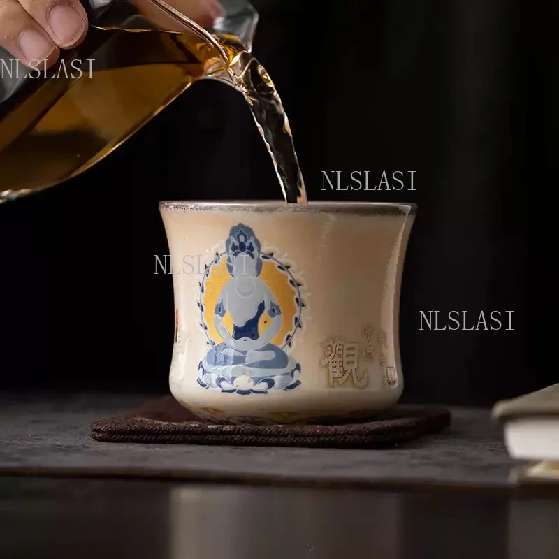 Luminous Buddha Print Ceramic Teacup Chinese Retro Glow‑in‑dark Kung Fu Tea Cup Porcelain Drinking Cup for Tea Ceremony