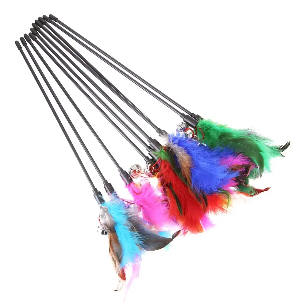 5pcs/lot Cat Toys Feather Wand Kitten Cat Teaser Turkey Feather Interactive Stick Toy Wire Chaser Wand Toy Random Color