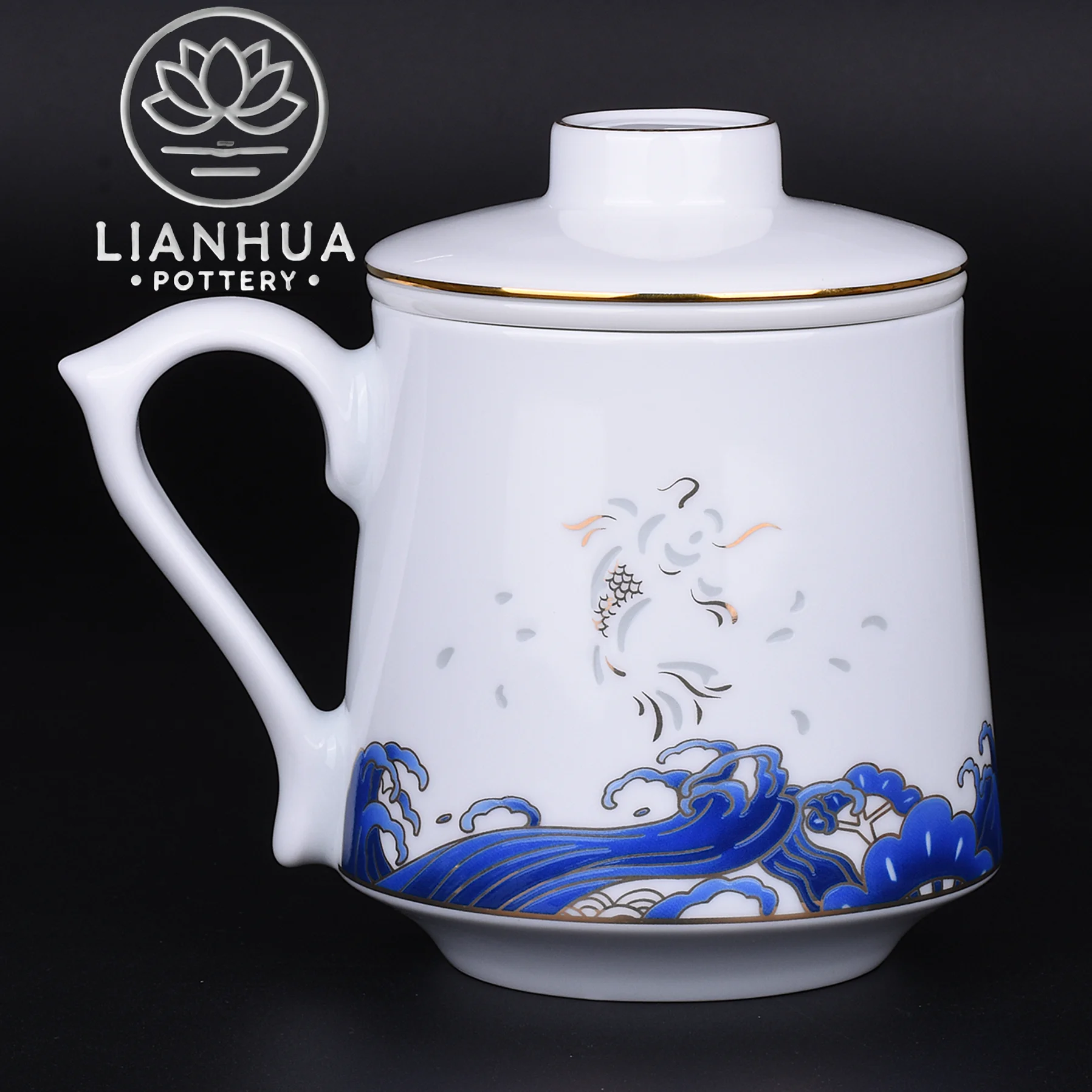 

LIANHUA POTTERY Linglong Porcelain Mug with Tea Infuser Handcrafted Pierced Golden Koi and Blue Wave Cup Luxury Anniversar Gift