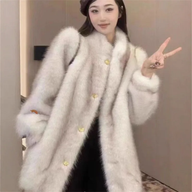 Environmentally Friendly Fur Coat Women's 2026 Autumn and Winter New Fur Integrated Medium and Long Loose Stand-up Collar Jacket