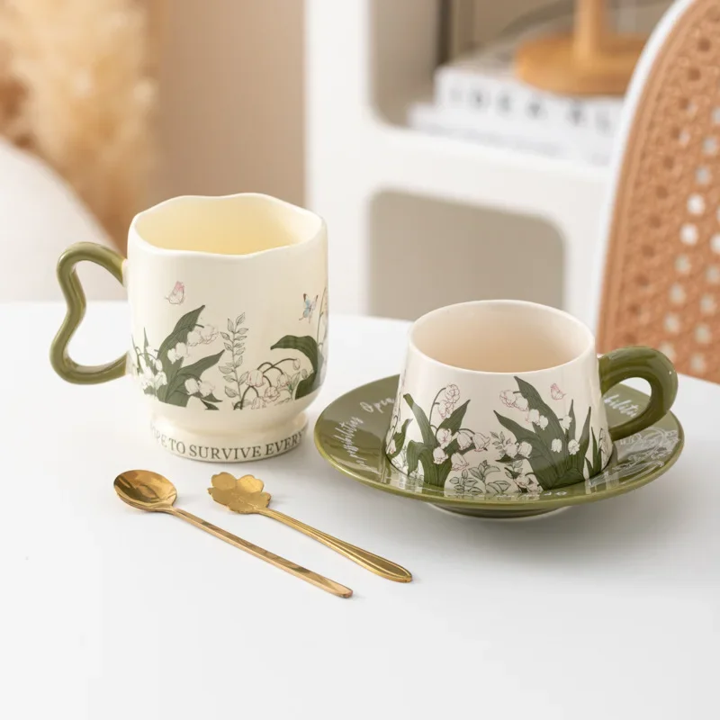 Linglong Flower Coffee Cup Saucer Set High Value Ceramic Mug Original Watercolor Fashion Ceramic Coffee Cup Saucer
