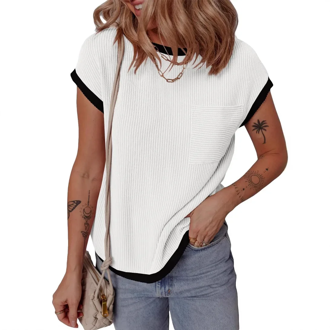 T-shirt da donna a contrasto di colore casual con top a righe intrecciate lavorato a maglia con scollo tondo estivo 2025