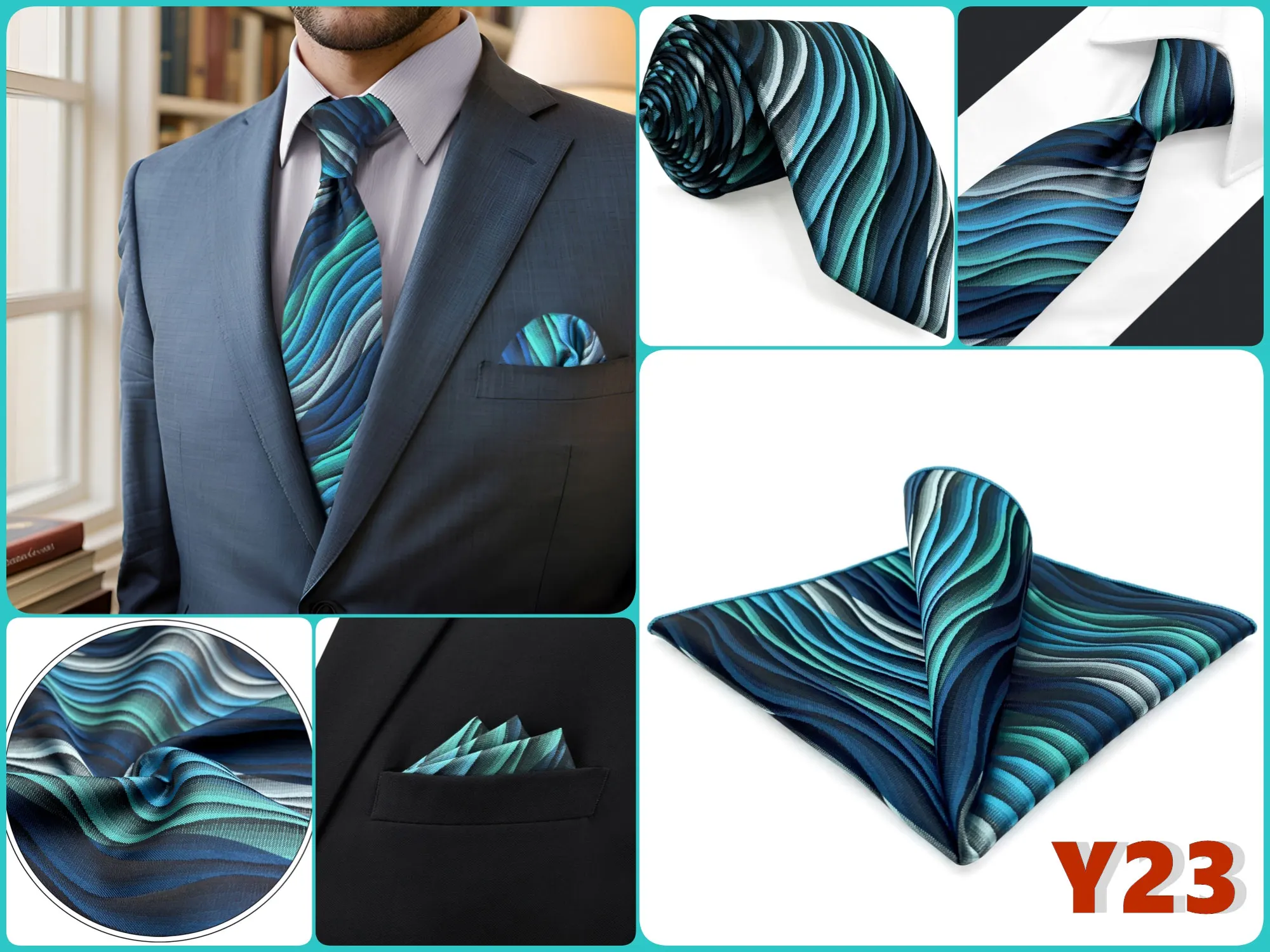 Mens Tie Pocket Square Set Blue Green Classic Business Acceossories Necktie Handkerchief 147cm Paisley Stripes Dots Elegant