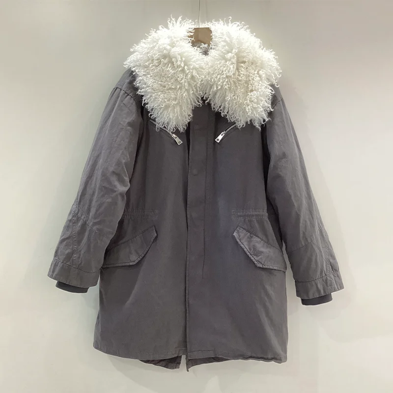 معاطف رمادية أنثى سستة فضفاضة سستة سترات طويلة الشتاء ملابس علوية من القطن المرأة معطف كبير الفراء طوق سترة جيب عادية