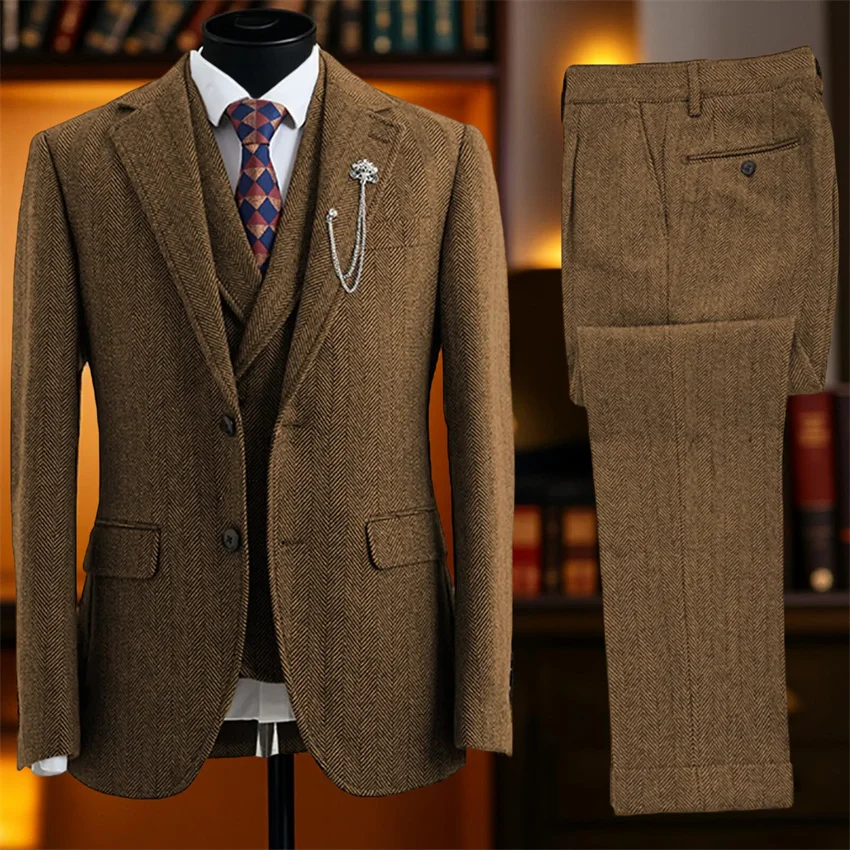 

Herringbone Men Suits for Casual Business Party 3 Pieces Tweed Wedding Fashion Tuxedo Single Breasted Custom Made Suit Set