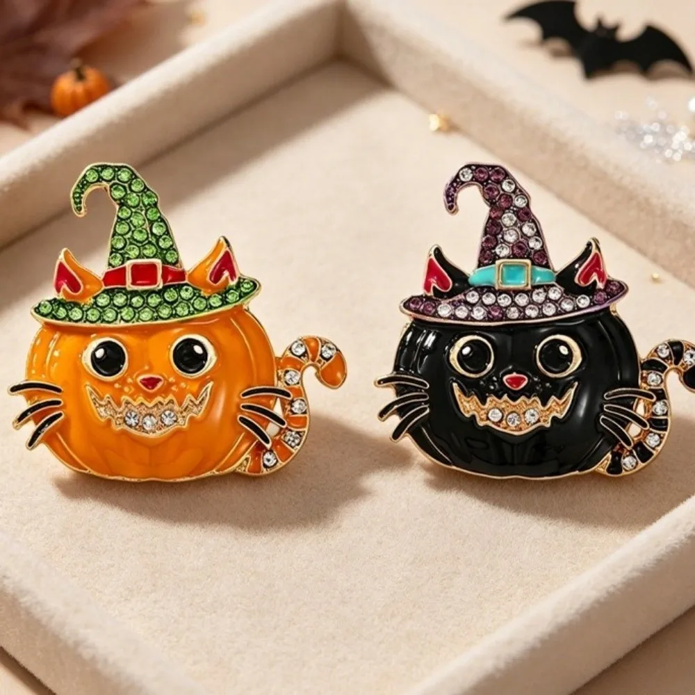 Halloween Cat & Pumpkin Enamel Brooch Pin with Witch Hat – detail image 4