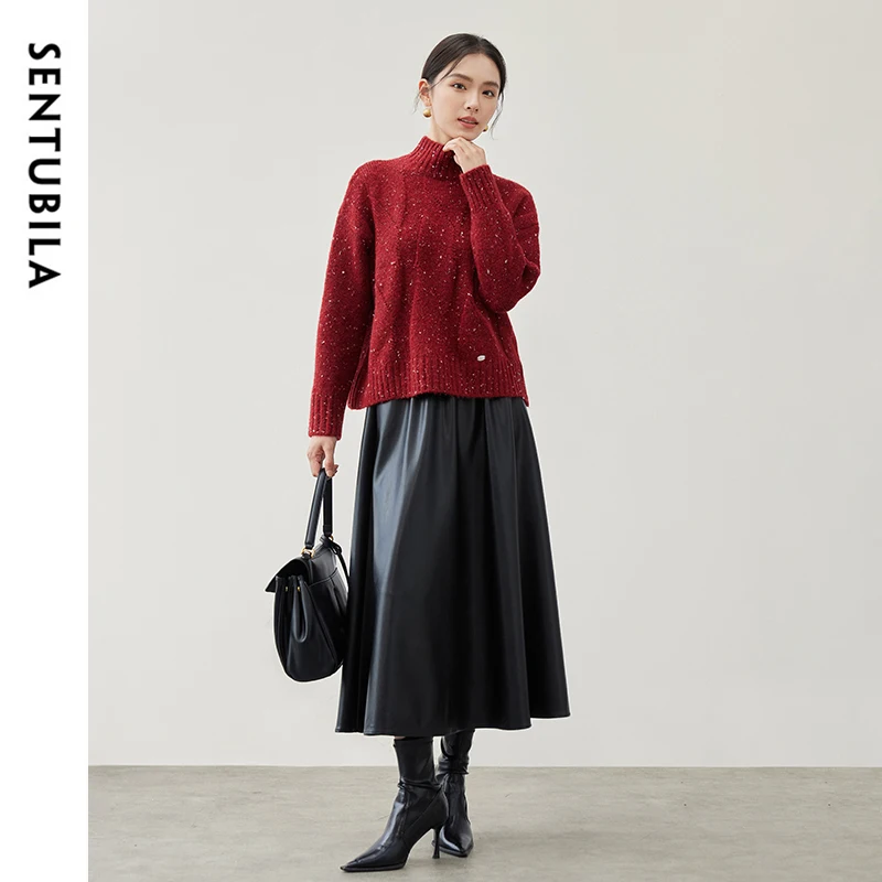 SENTUBILA Loose Fit Red Knitted Pullovers for Women Winter 2024 Wool Crew Collar Long Sleeve Short Women Sweater W44E5688