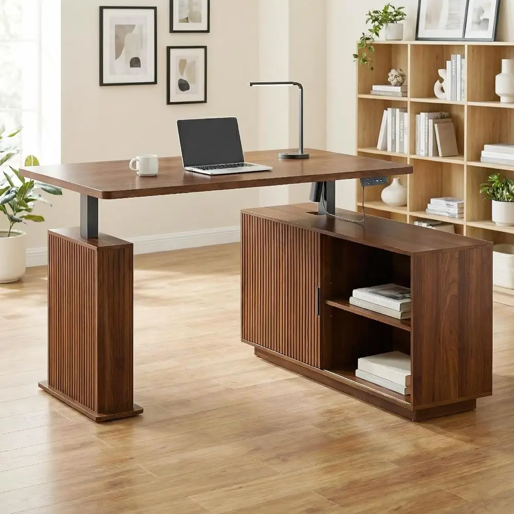 

Регулируемый по высоте L-образный стол для работы стоя с местом для хранения, деревянный стол 55 x 47 дюймов для дома или офиса, для ноутбука и компьютера, цвет орех F