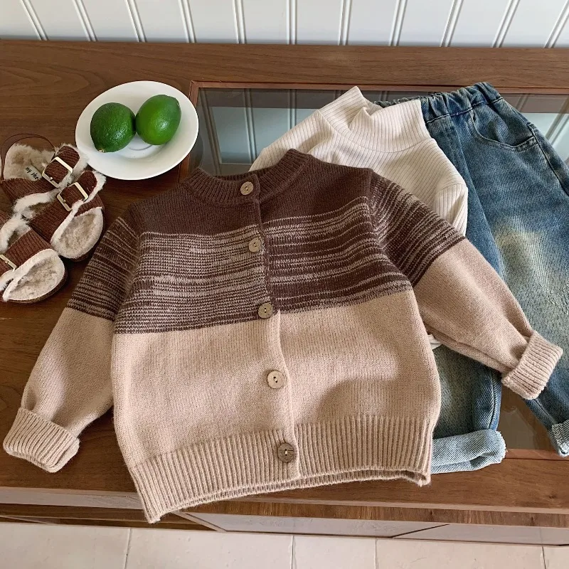 Children's Sweater Spring and Autumn Winter New Style Korean Knitted Sweater for Wearing Outside Boys' Versatile Casual Coat