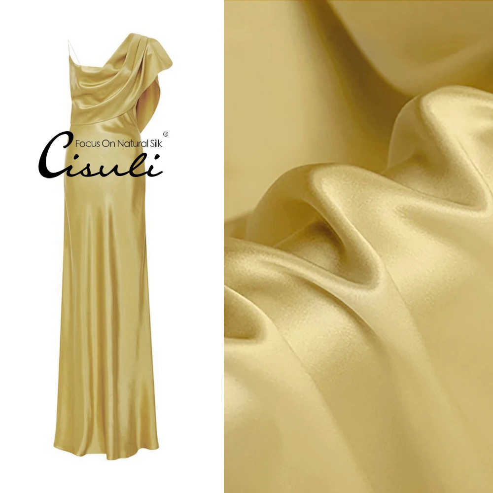 CISULI-Pure Silk Satin,100% Mulberry Silk Charmeuse,19 momme,Width 140cm,Luxury Glossy,Soie Material,#24 Light Golden