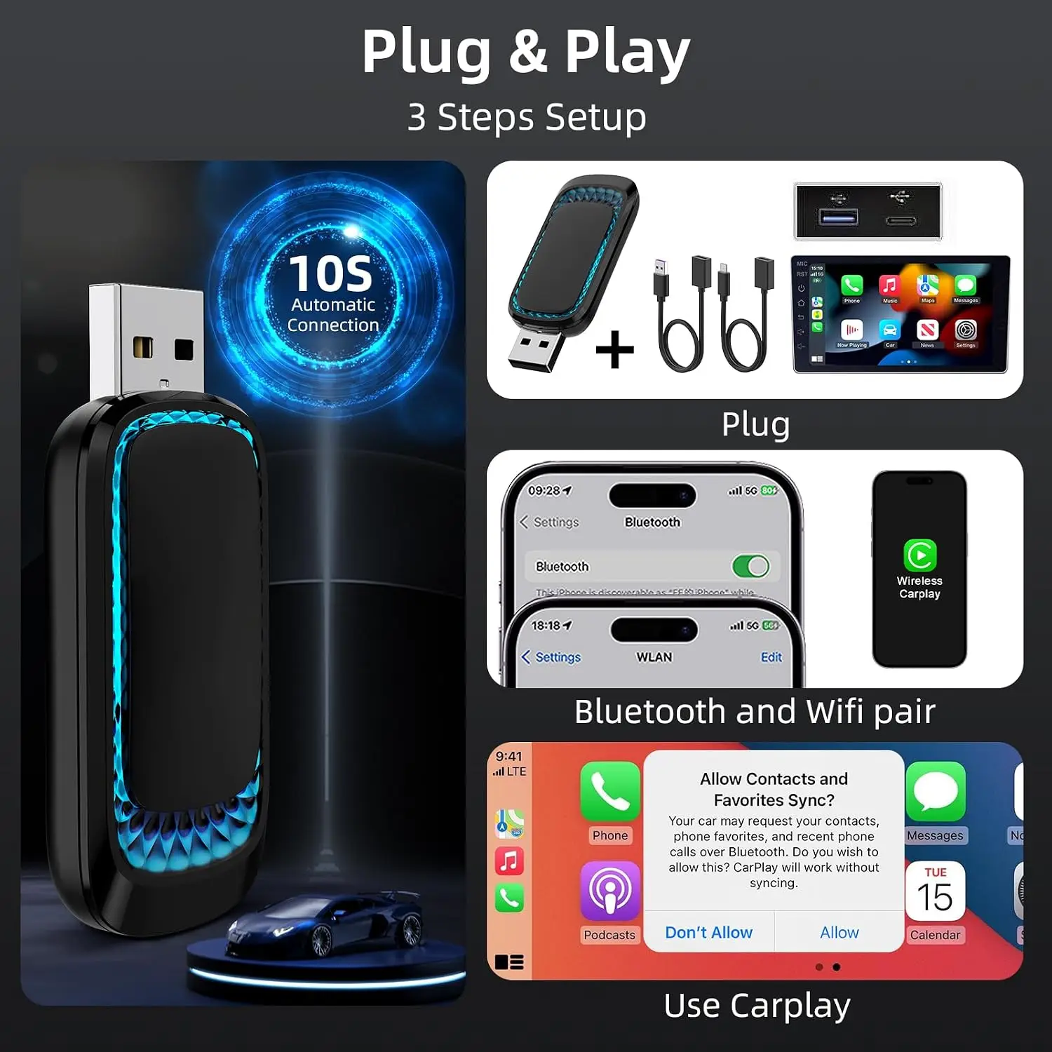 Mini wireless USB CarPlay adapter for iPhone, 2024 update, converts via cable dongle for 2016 cars view 5