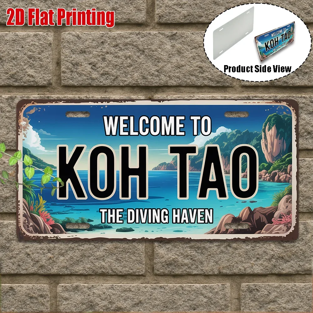 2D Flat,2D Flat Printing, 1pc, Vintage Aluminum Sign, Only for decoration, Outdoor Wall Art , Welcome to Koh Tao Sign