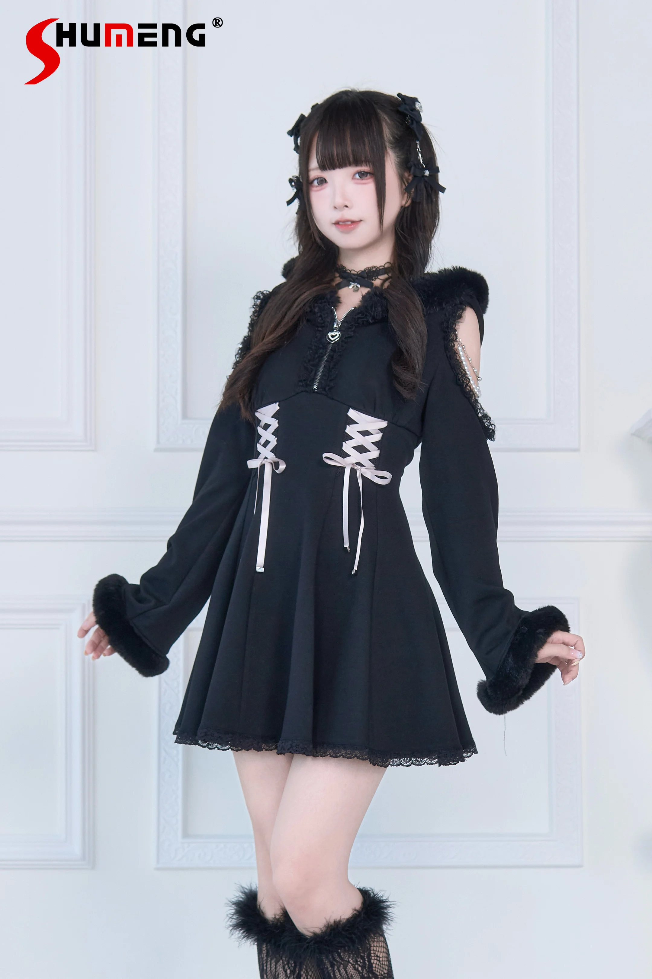 

Original Japanese Subculture Mass-Produced Off-Shoulder Long-Sleeve Plush Hooded High-Waist Lace-up Slim Short Dress for Women