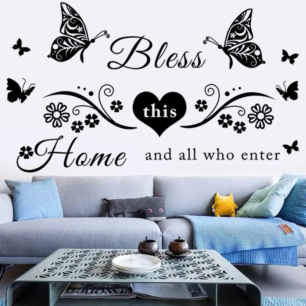 

Wall Stickers Quotes Art Decal Sticker Bless This Home and All Who Enter Wall Decals Flowers Butterfly Wall Decor Sticker