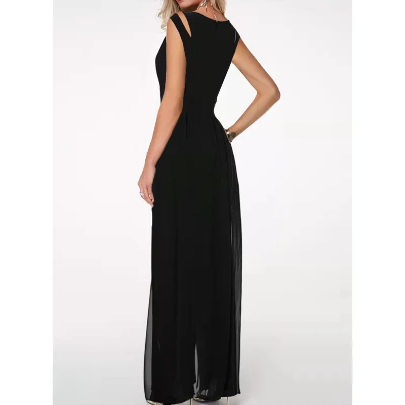 الصيف أنيقة بلون حللا النساء عالية الخصر سليم صالح س الرقبة قبالة الكتف الشيفون الربط واسعة الساق السراويل مكتب بذلة