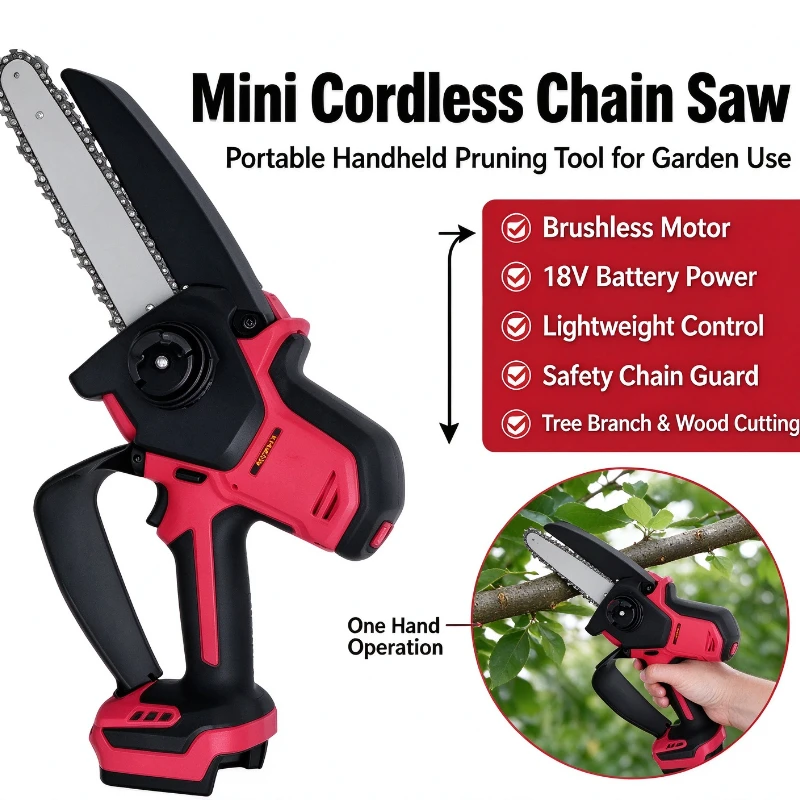 18V Cordless Brushless Pruning Saw Handheld Mini Chainsaw Outdoor Garden Power Tool for Wood Logging and Branch Trimming