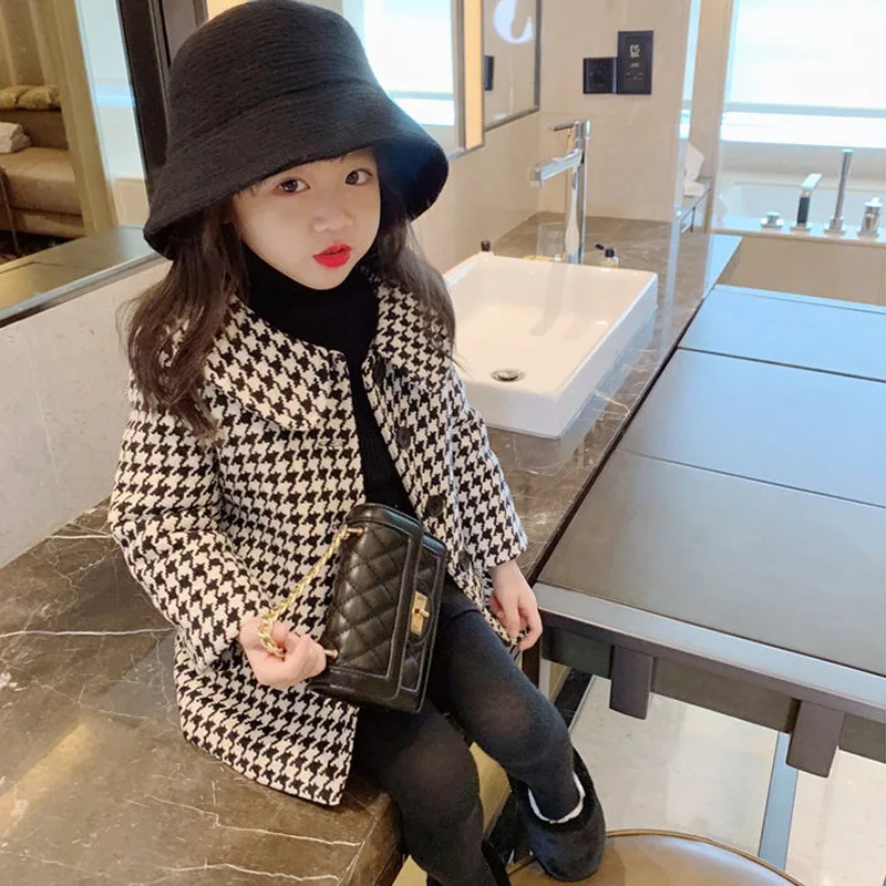 2024 spring and autumn children's coat in the long thousand birds extra set trench coat 2024 loose tweed coat