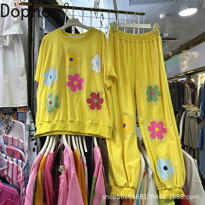 

Повседневные женские комплекты из двух предметов с цветочным принтом, свободная футболка с короткими рукавами и эластичной резинкой на талии, повседневный спортивный брючный костюм