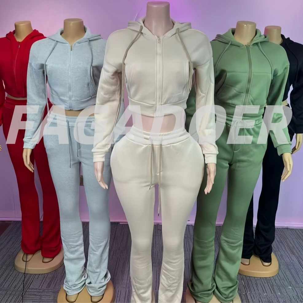 

FAGADOER Fashion Two Piece Outfits Woman Solid Pocket Drawstring Patchwork Crop Top and Stacked Flared Pants Female Tracksuit