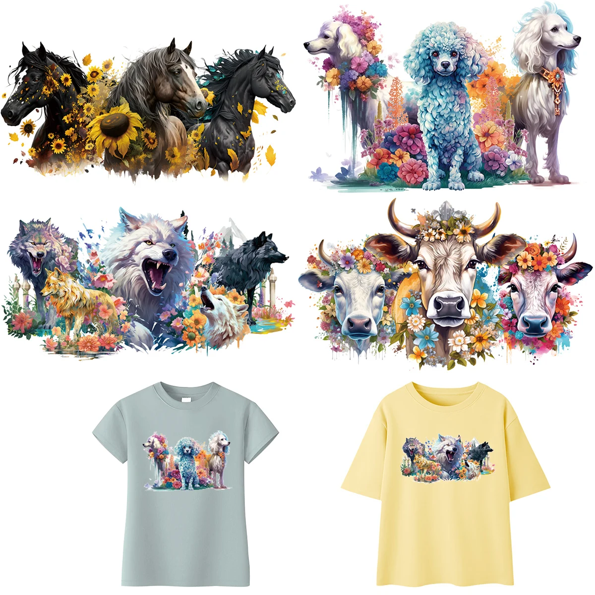 Thermal Press Clothes Stickers Wolfs Horses Flowers Print On T-Shirt Animal Design Diy Accessory Iron On Patch