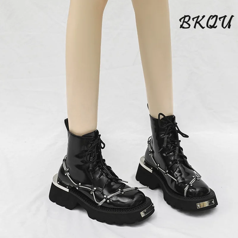 BKQU 2024 New Punk Heavy Soled Sweet Cool Biker Ankle Boots Metal Trim with Thin Ribbon Winding Platform Heels Trend Rivets