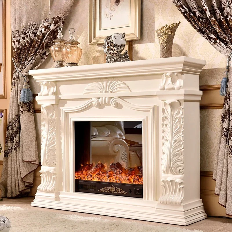 

Тумба под телевизор с имитацией камина 1,5 м, из массива дерева, с эффектом пламени, белая, с темным каминным порталом