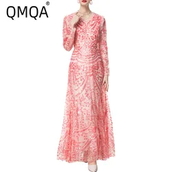 QMQA Fashion Women's Luxury Sequin Dress V-neck Long Sleeved High Waist Slimming Elegant Banquet Evening Dresses 2025 New QM167