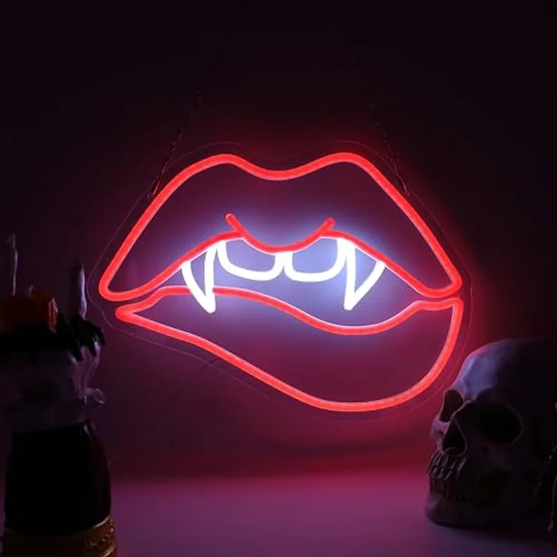 

Vampire Fangs Lip Neon Sign Halloween Decor Horror Theme LED Light Up Sign Wall Decor for Man Cave Party Decor Birthday Gift