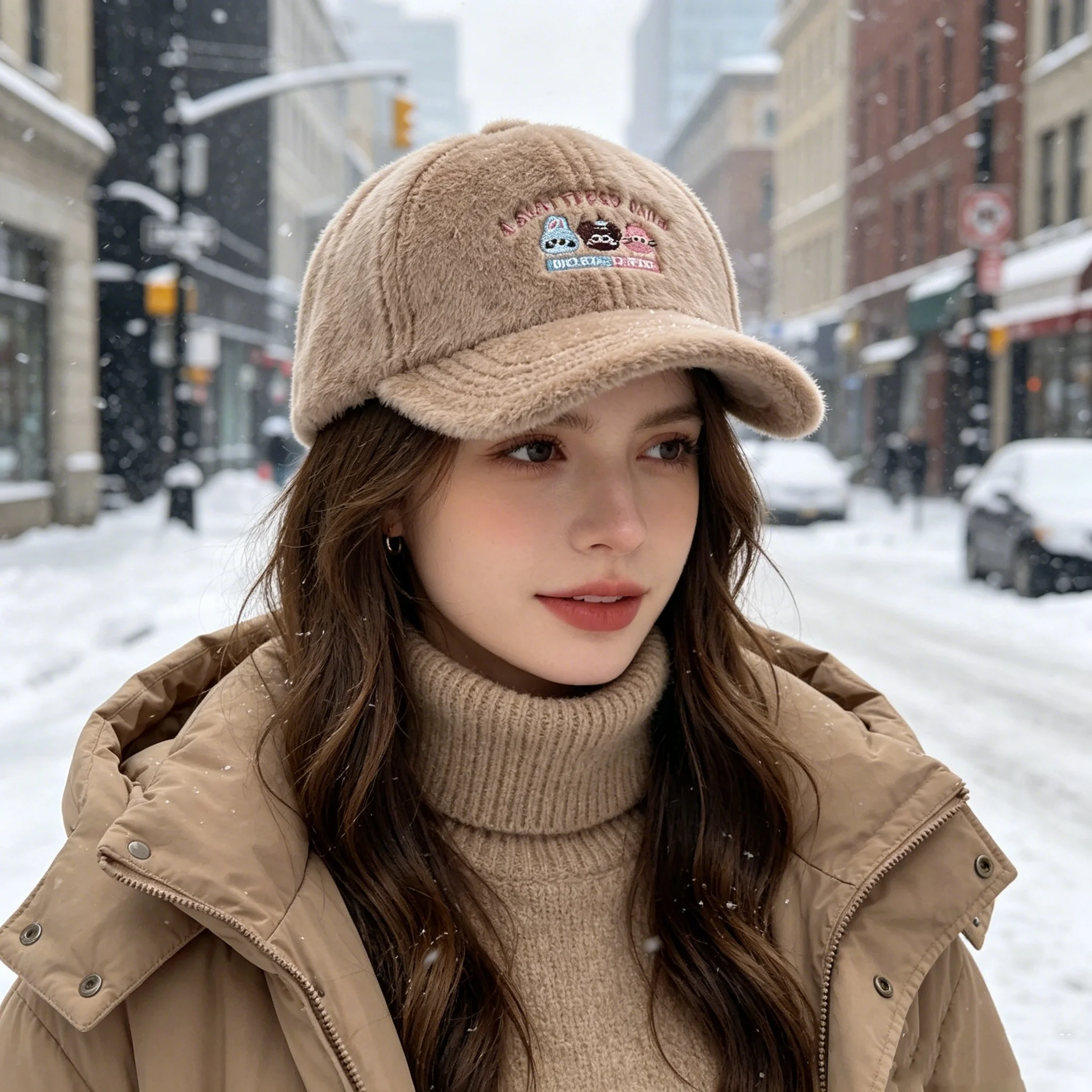 Winter Warm Faux Mink Fur Thickened Curved Brim Baseball Cap with Cartoon Monster Embroidery Letters, Short Plush Material, Versatile in Multiple Colors, Adjustable Back Buckle
