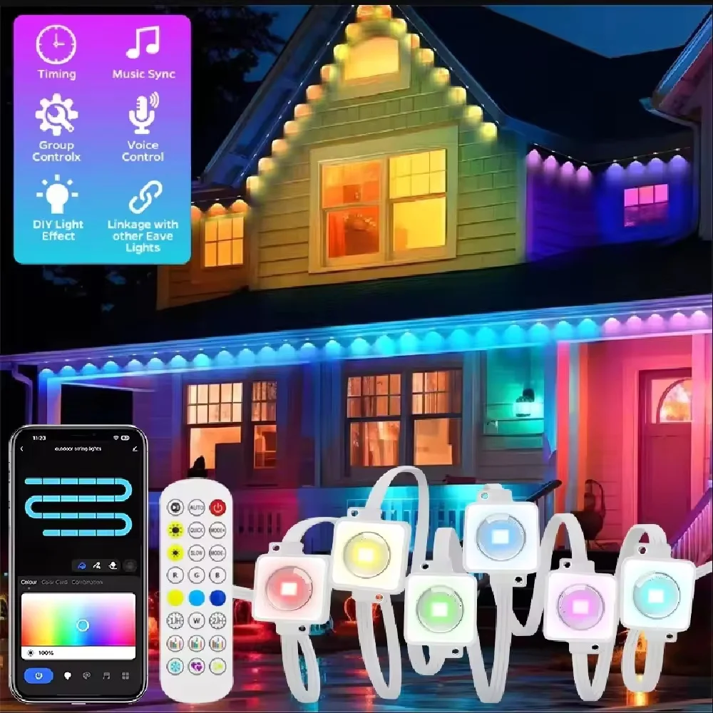 15M/30M/45M/60M/90M RGBIC Smart Eaves Light with APP/Remote Control IP67 Waterproof Outdoor String Lights House Roof Garden Lighting