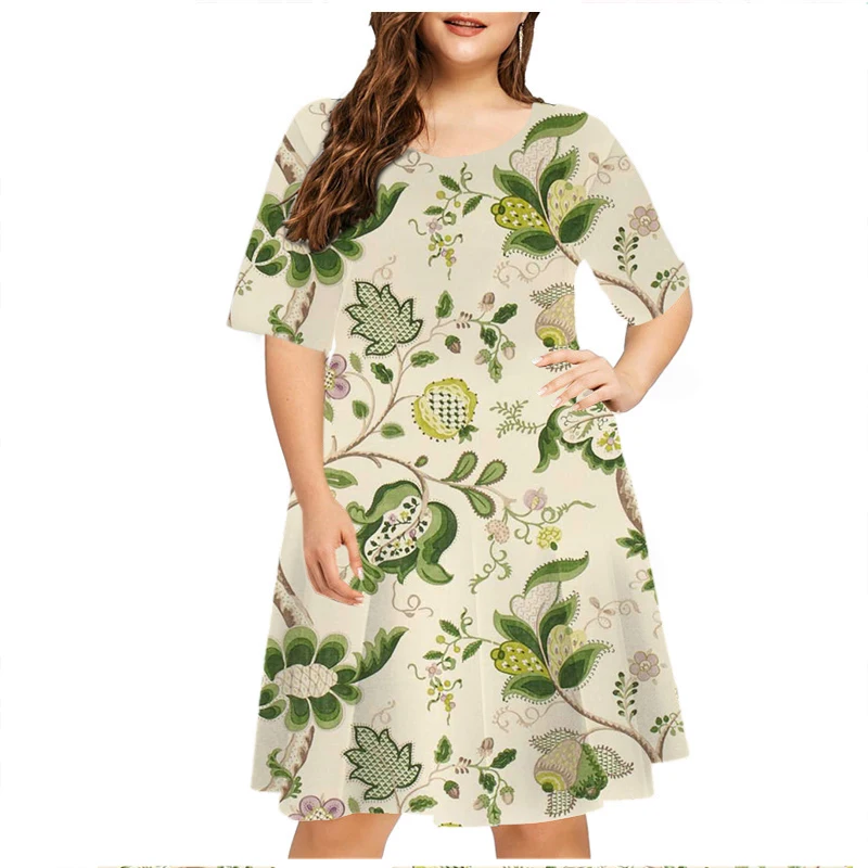 6XL Plus rozmiar Sundress kwiaty rośliny z nadrukiem 3D luźna sukienka damska z krótkim rękawem letnia Casual sukienka trapezowa damska imprezowa