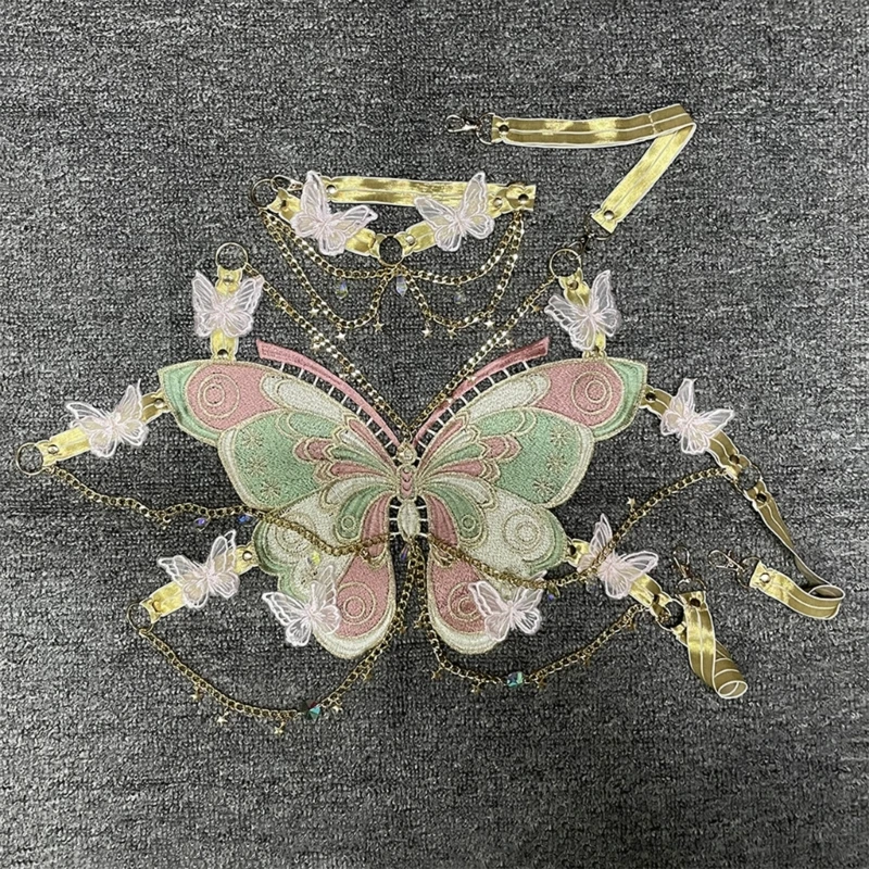 

Women Sleeveless Backless Sexy Crystal Metal Chain Camisole Butterfly Embroidery Halterneck Bras Music Festival Crop Top